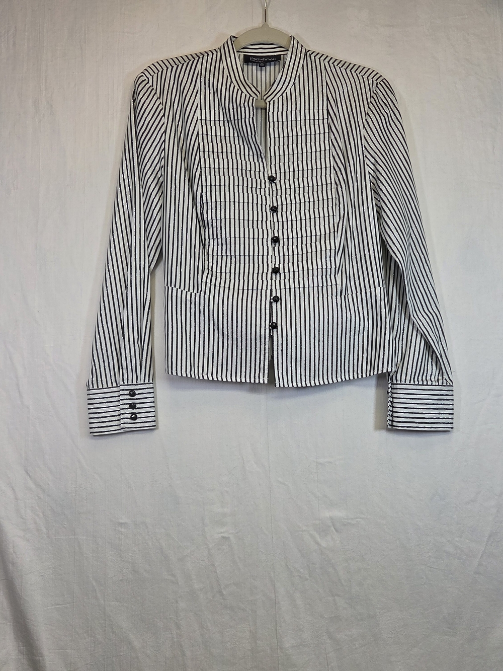 Jones New York Petite Large Metallic Striped Tie Back Button-Up Shirt. #0336